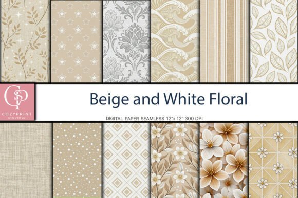 Elegant Beige and White Floral Digital Paper