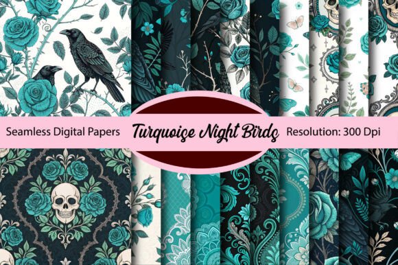 Turquoise Night Birds Digital Paper for Creators