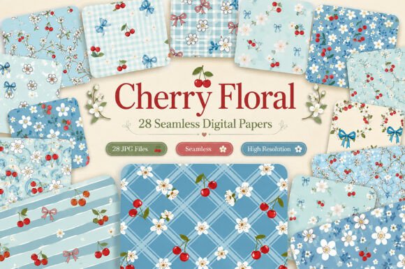 Unlock Springtime Elegance with the Cherry Floral Seamless Pattern Set